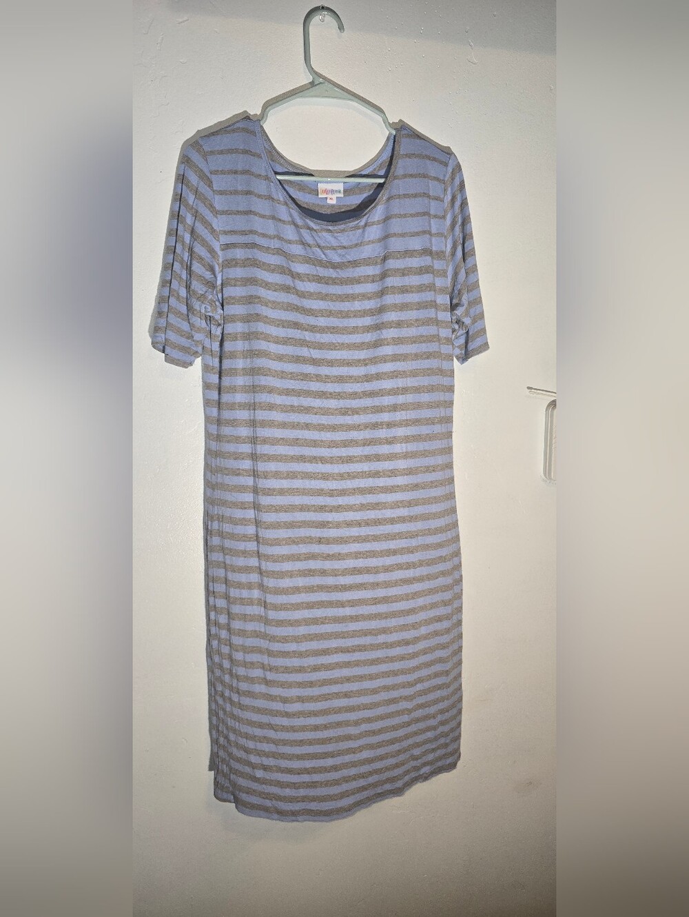 LuLaRoe Light Blue and Gray Striped Midi Dress